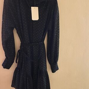 Elegant Navy Polka Dot Dress with Belt